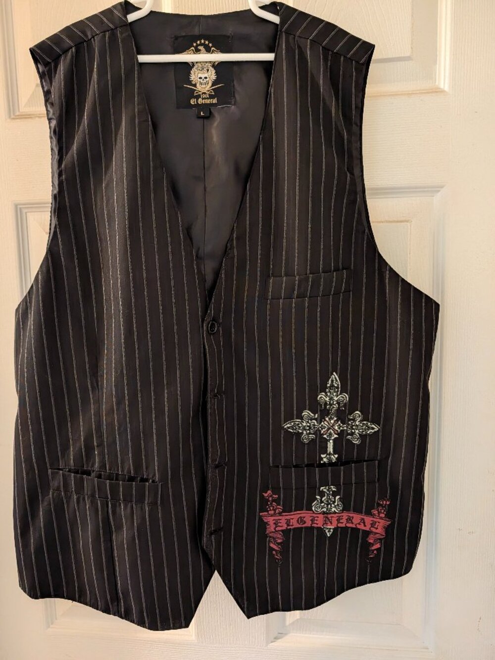 El General Boys Black Pinstripe Gothic Graphic Embroidered Vest - Size L